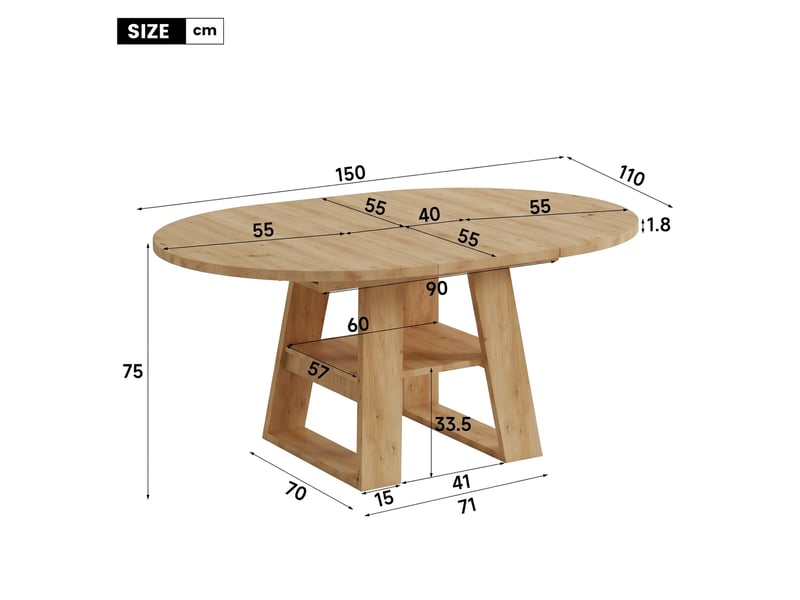 Ensemble table et 4 chaises salle à manger, table ronde extensible 110150x110 cm chêne avec rangement, chaises tissu dossier t piétement métal - Conforama C