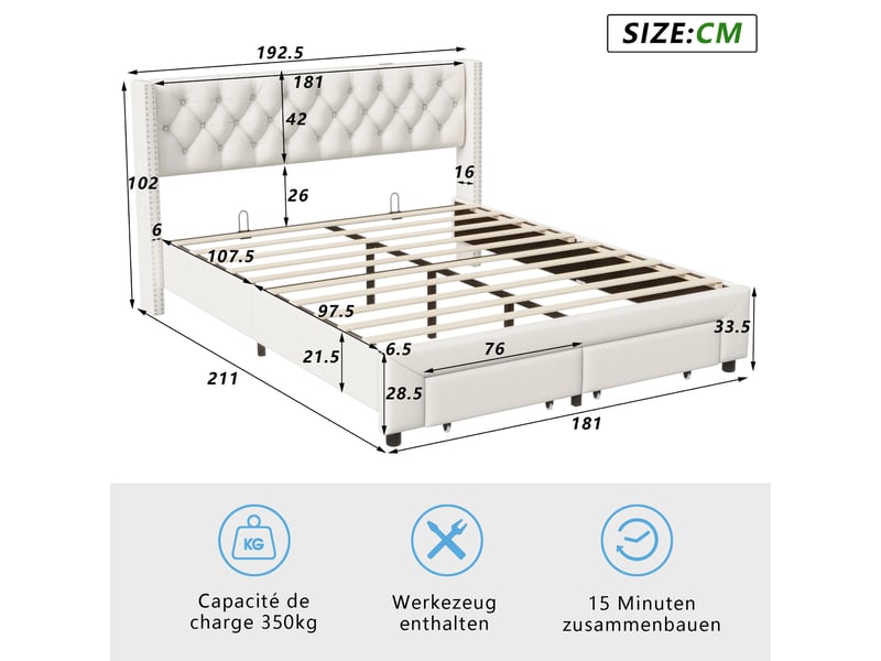  Lit double coffre 180x200cm, tête de lit cloutée décorative, 2 tiroirs, bandeau led, port usb et poche de rangement, velours beige, matelas non inclus  - Conforama D