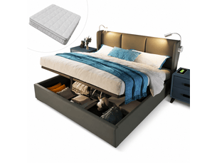 Lit coffre hydraulique 160x200cm lit double rembourré avec tête et led - avec matelas - sommier à lattes - rangement - pu - gris