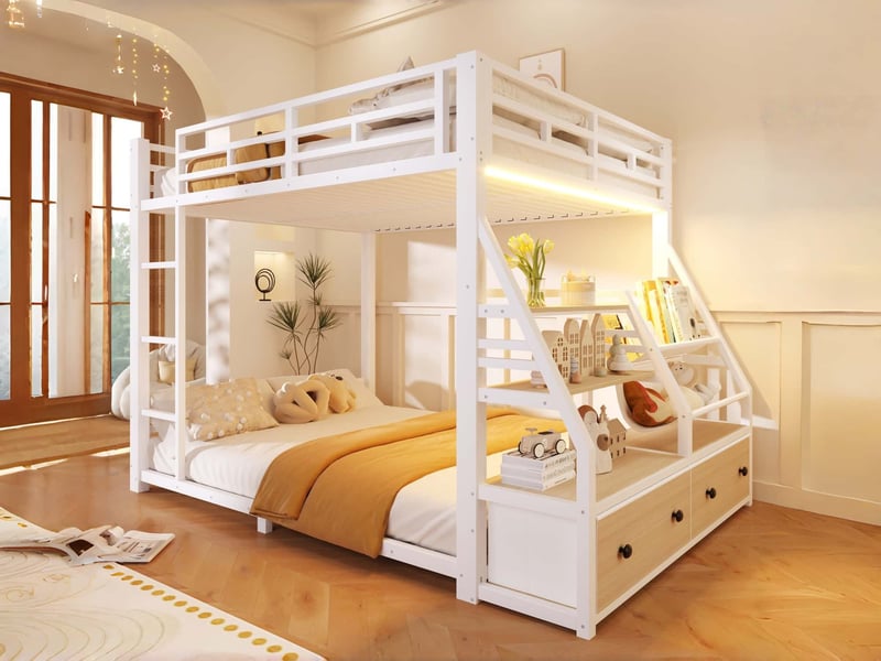  Lit superposé enfant, 140x200 cm, avec éclairage led latéral et étagères de rangement, structure en métal, blanc  - Conforama B
