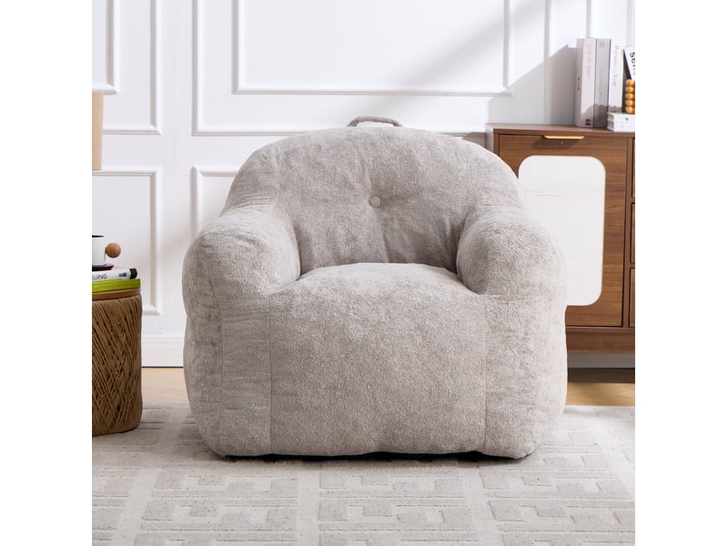  Fauteuil pouf avec accoudoirs et dossier ergonomique, prérempli, en tissu effet fourrure gris clair 95 × 95 × 79 cm  - Conforama D