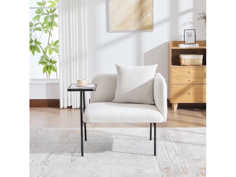 Fauteuil de relaxation beige en tissu avec table d'appoint intégrée et 2 poches de rangement  - Conforama C