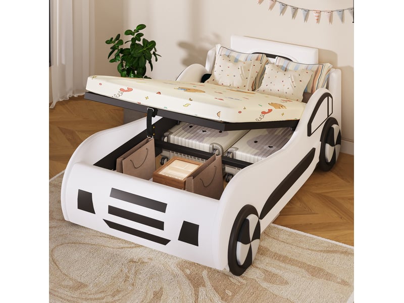 Lit enfant tcqpz voiture 90 x 200 cm avec sommier à lattes rangement hydraulique blanc mdf et pu  - Conforama A
