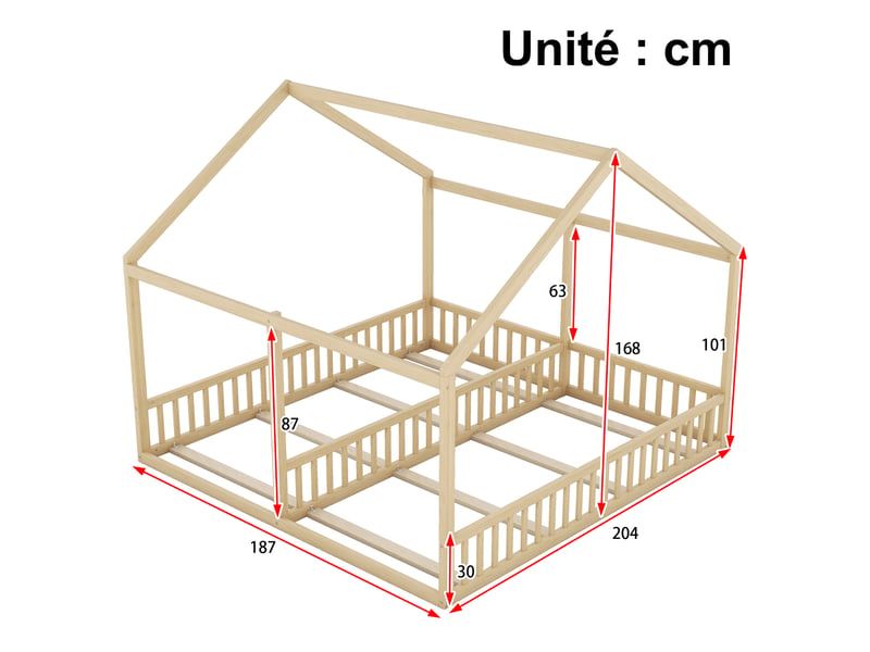  Lit cabane 2 places en pin et mdf, lit double avec barrières et toit, 90x200 cm et 90x200 cm, matelas non précisé  - Conforama D