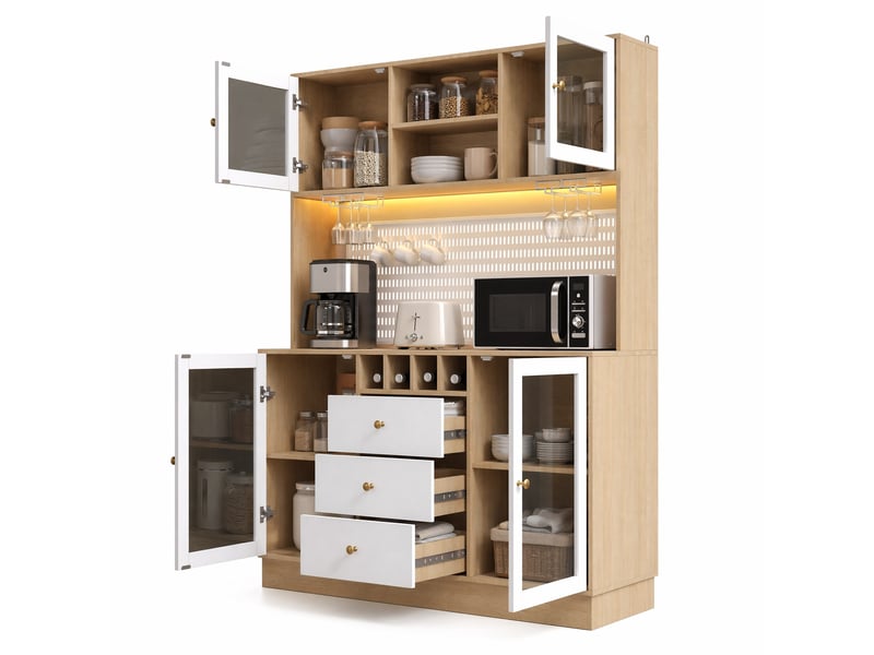  Colonne de cuisine avec led, casier à bouteilles, range-verres, tiroir et étagères réglables, 140 × 40 × 185,7 cm  - Conforama A