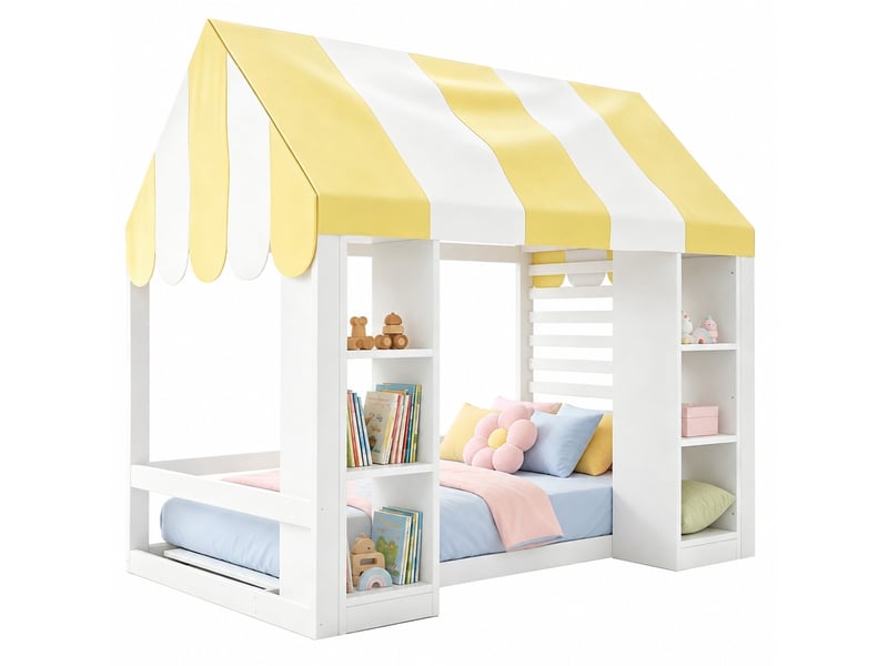  Lit cabane, 90x200 cm, sommier à lattes, toit, solutions de rangement ouverts, matelas non inclus, bois, coloris blanc  - Conforama A