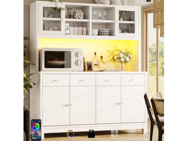 Buffet haut blanc en mdf, 140 x 38,5 x 180 cm, éclairage led rgb pilotable par application et 4 tiroirs  - Conforama D