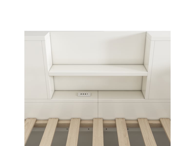  Lit enfant coffre 90x200 cm avec coffre hydraulique, station usb type-c et rangements, mdf et bois, blanc, sans matelas  - Conforama E