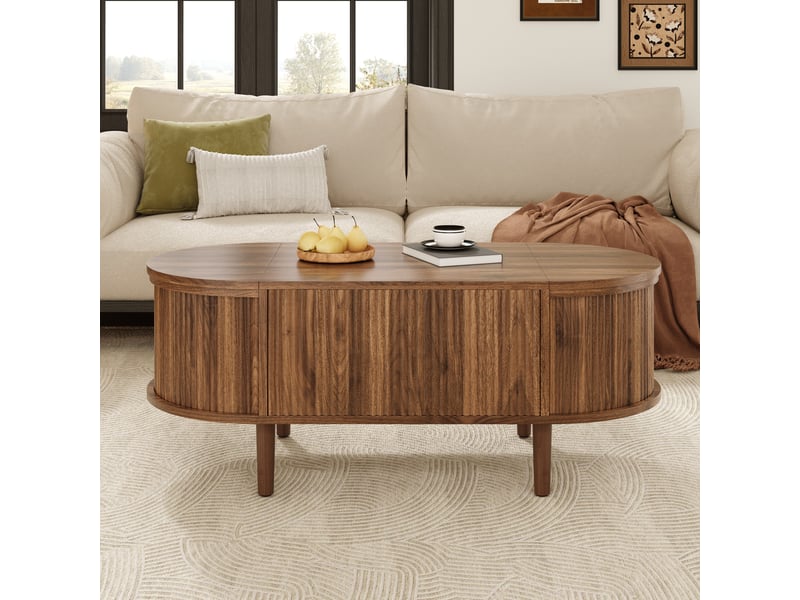  Table basse relevable ovale avec rangement pour salon en mdf et pieds en bois massif 100×48×53,5 cm noyer  - Conforama C