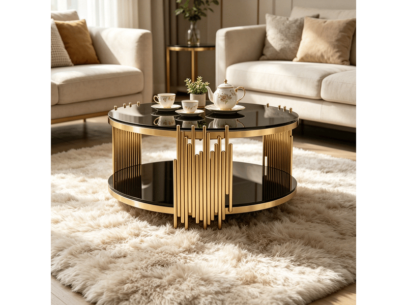  Table basse moderne verre noir plateau double verre rond piètement acier doré salon canapé appoint maison bureau  - Conforama B