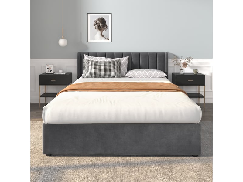 Lit rembourré 160 x 200 cm, sommier à lattes, dossier rembourré, 2 tiroirs de rangement, velours, gris Bliss Lite - Conforama D