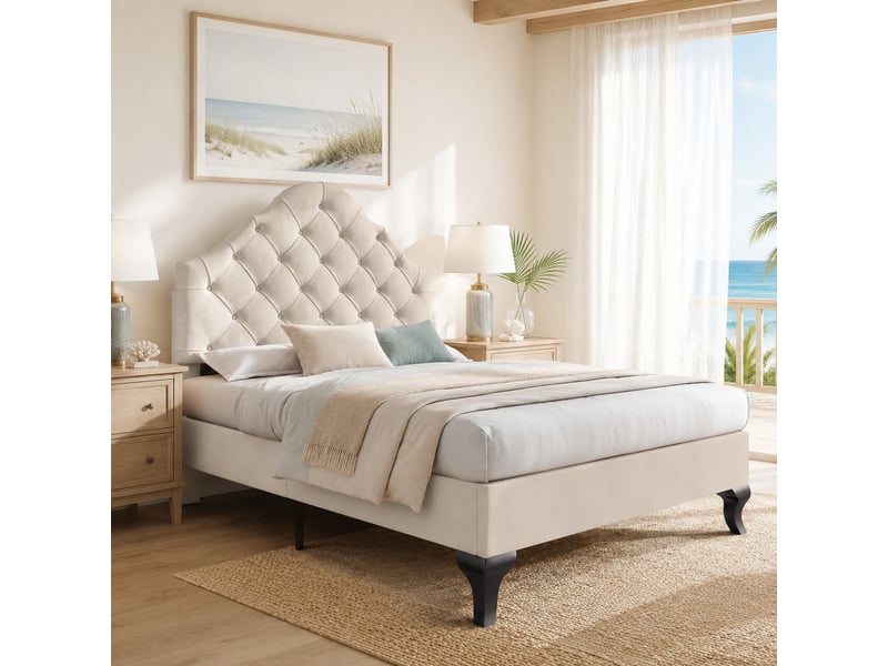  Lit simple 90x200 cm en velours beige avec tête de lit réglable  - Conforama B