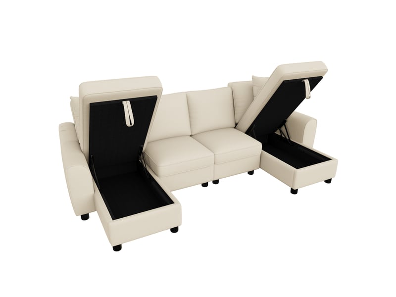 Canapé d'angle panoramique 4 places 280 x 137 x 84 cm en chenille avec 2 méridiennes coffres et 2 coussins - beige Fay Lum - Conforama A