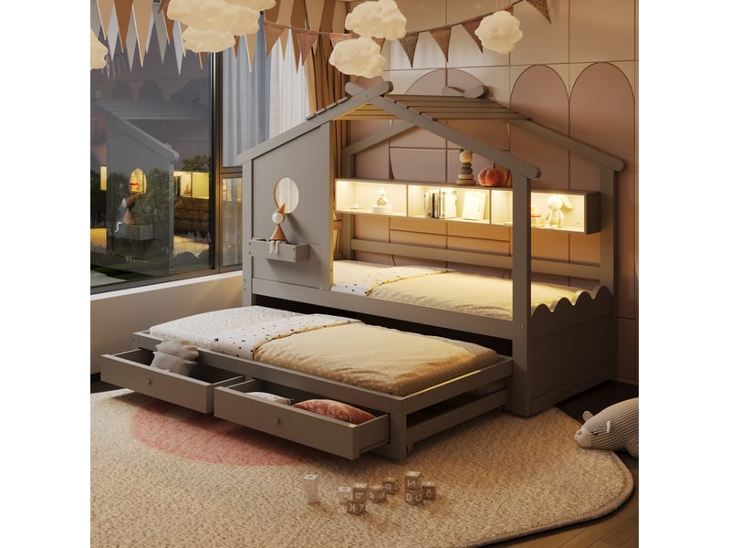  Lit gigogne cabane 90×200 cm avec tiroir de rangement, éclairage led et ports usb et type c, en bois gris  - Conforama B