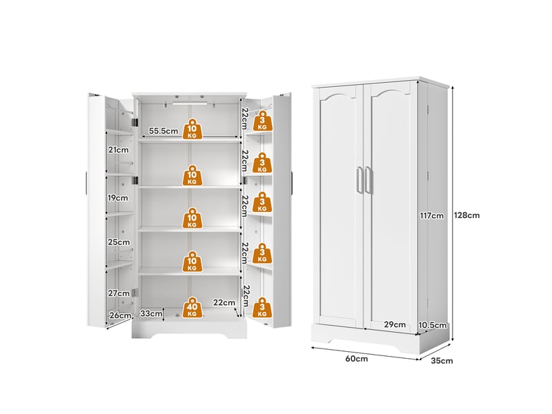  Meuble de cuisine armoire blanche avec éclairage led et étagères réglables, 60 × 35 × 128 cm  - Conforama W