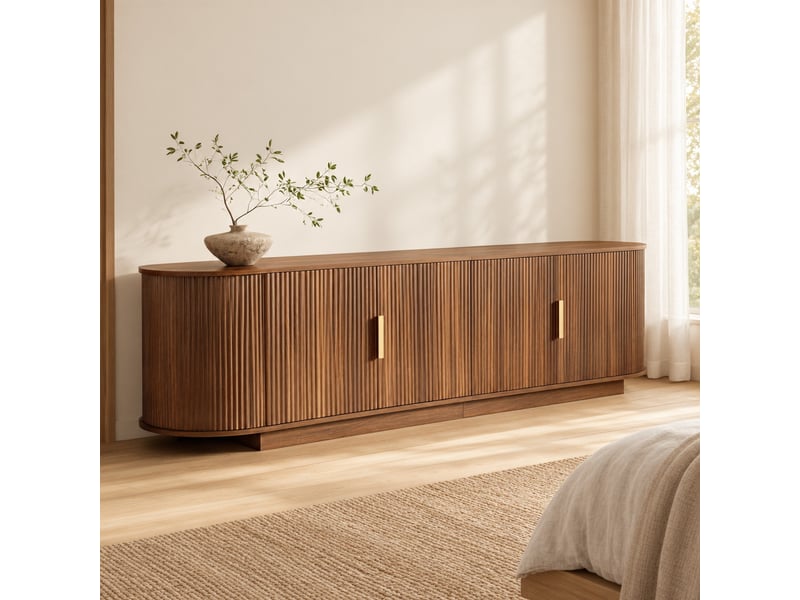  Meuble tv à 4 portes ondulées avec poignées métalliques et rangement pour salon 180×35×50 cm en mdf noyer  - Conforama B