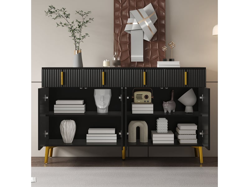  Commode 4 tiroirs et 4 portes, 140 x 38 x 82 cm, poignées et pieds dorés, panneau stratifié amovible, noir  - Conforama D