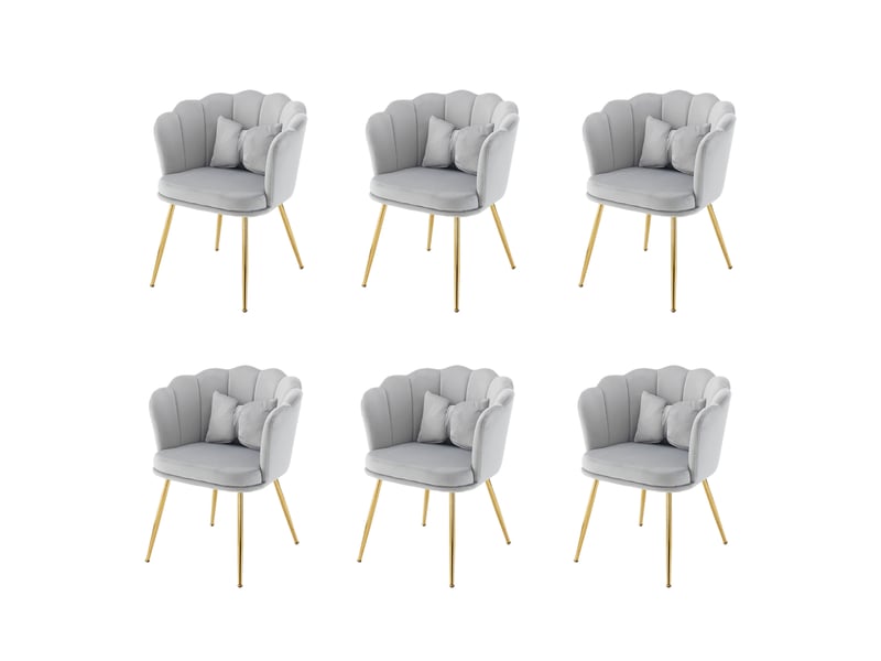  Lot de 6 fauteuils modernes en velours, dossier pétale, pieds métal doré et coussins papillon  - Conforama A