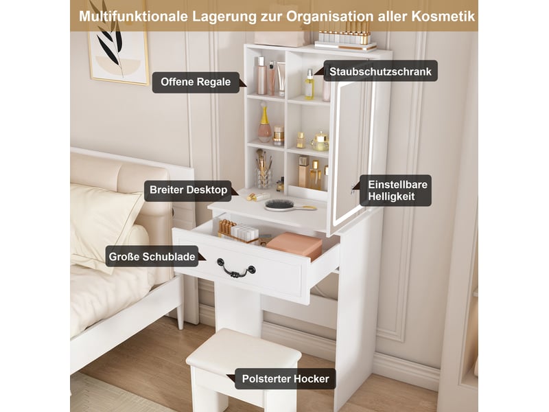  Coiffeuse 60x36x131,5 cm, miroir led et tabouret, table de maquillage compacte, meuble chambre, rangement, mdf blanc  - Conforama E