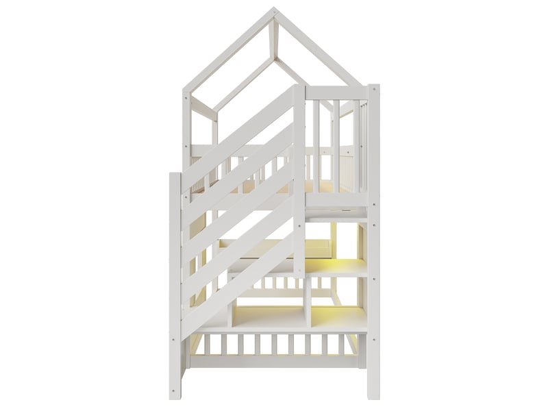  Lit cabane enfant 90x200 cm, avec escalier, étagère et éclairage led, structure en bois, blanc ABC - Conforama D