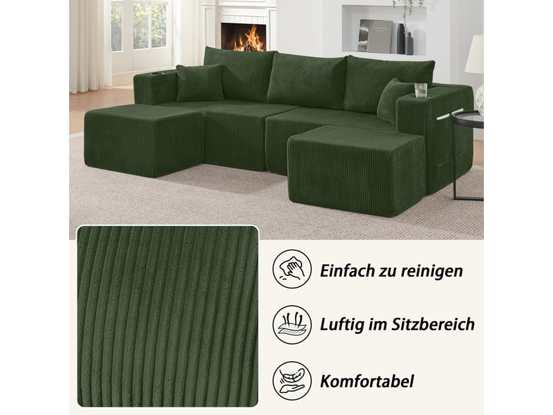  Canapé d’angle 3 places modulable en l vert en velours côtelé avec deux ottomans mobiles, porte-gobelets et coussins  - Conforama C