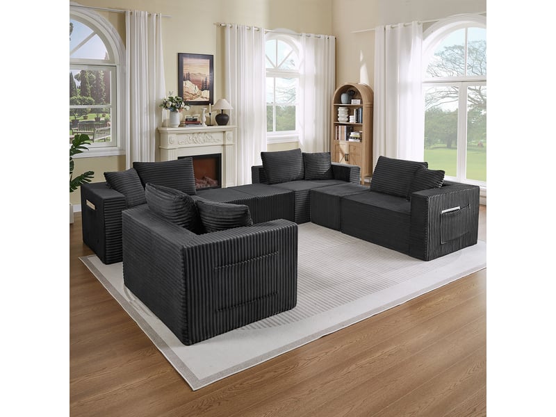 Canapé modulable 8 places en velours côtelé gris foncé, assise souple et modules repositionnables IKSETERA TRADING LTD - Conforama E
