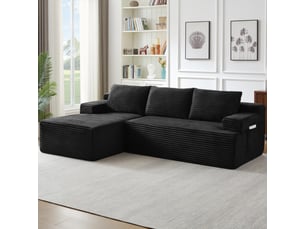 Canapé 4 places - 238x152x66cm - modulable sans montage avec méridienne gauche et tissu velours côtelé - noir
