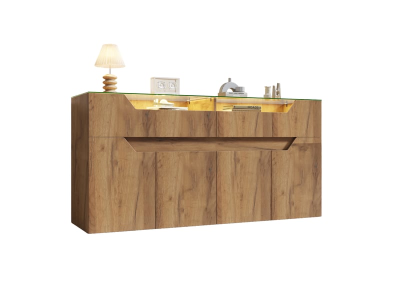 Buffet bas 140x40x70 cm naturel en mdf, 2 tiroirs, verre trempé et led - Conforama A