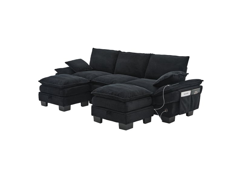  Canapé droit modulaire 3 places en velours côtelé noir avec 2 poufs de rangement, usb-c et poches latérales  - Conforama A