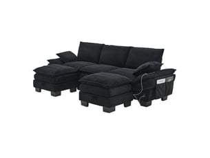 Canapé droit modulaire 3 places en velours côtelé noir avec 2 poufs de rangement, usb-c et poches latérales