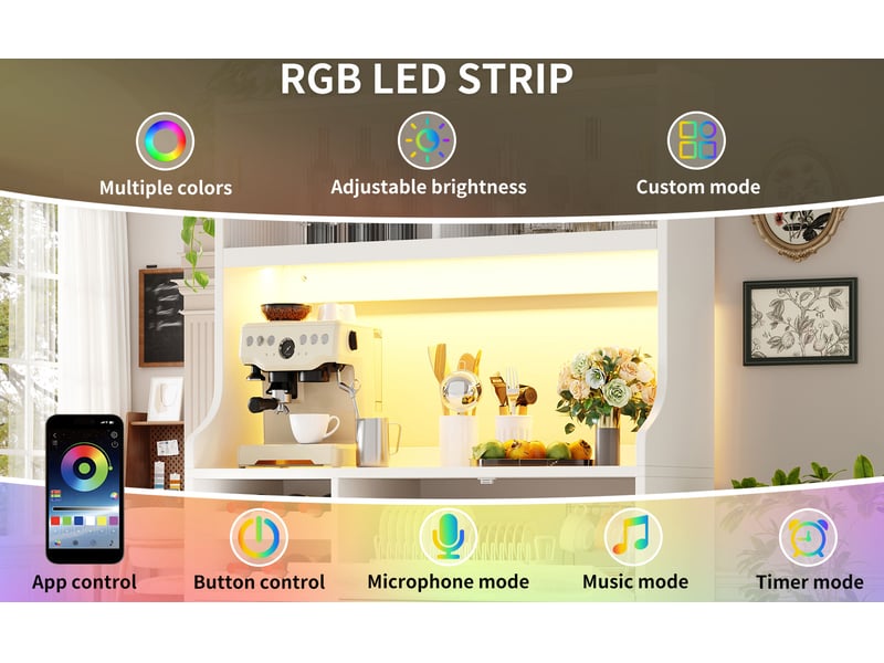  Meuble haut de cuisine 120 cm avec éclairage rgb, portes vitrées coulissantes, casier à bouteilles, 3 tiroirs, blanc  - Conforama D