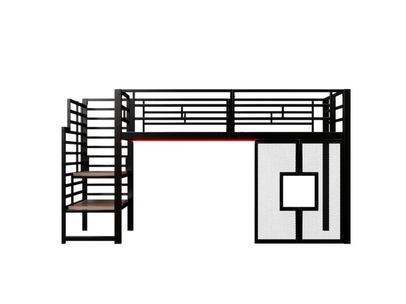  Lit mezzanine 90x200 cm noir, avec escalier de rangement 2 compartiments, fenêtres, led, structure métal, sommier inclus, sans matelas  - Conforama D