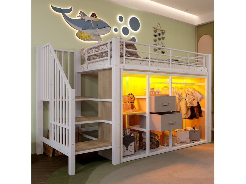 Lit mezzanine 90x200, 2 tiroirs, placard ouvert, led multicolore commandée, rangements, métal et mdf, blanc sans matelas - Conforama W