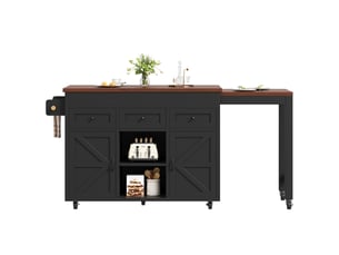 Îlot central avec rangement noir, table de bar extensible 131-210cm, mange-debout pivotant 360° pour cuisine