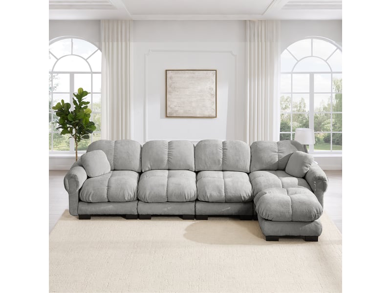 Canapé d'angle modulable 4 places en tissu chenille gris clair avec ottomane mobile et rangement intégré - Conforama B