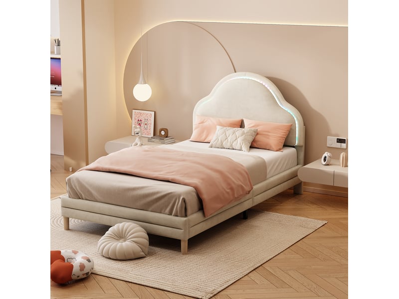  Lit simple 90x200 cm en velours beige avec tête de lit nuage et led multicolores  - Conforama E