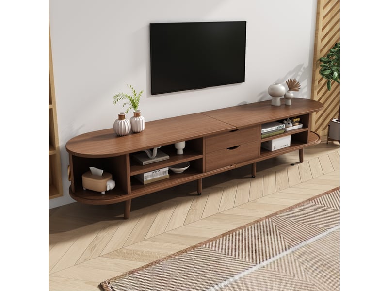  Meuble tv ovale 175x40x42 cm, noyer mat en fibres de bois, 2 tiroirs, portes coulissantes sculptées, tablettes ajustables, pieds réglables  - Conforama E