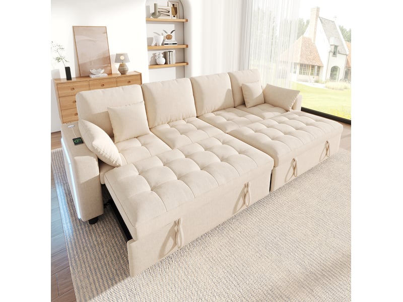 Canapé d'angle convertible tcqpz 4 places 262,5 x 140 x 89 cm 2 couchages indépendants led usb type-c chenille beige - Conforama B