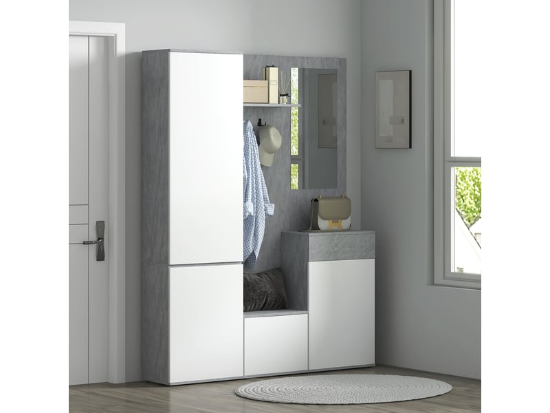  Meuble d'entrée 4 en 1 avec miroir, crochets et étagères intérieures, en bois, 145 x 29 x 184 cm, gris et blanc  - Conforama D