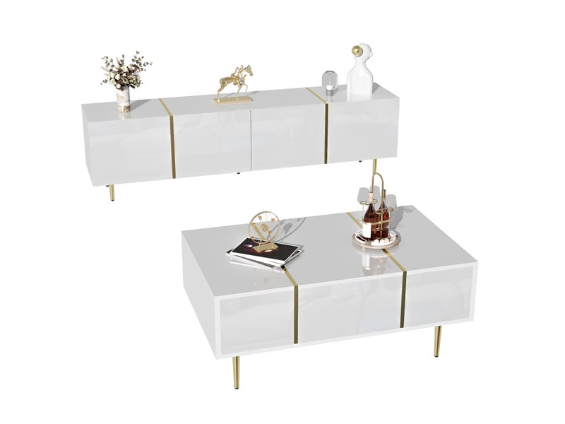  Meuble tv et table basse en mdf blanc laqué avec portes à fermeture douce  - Conforama A