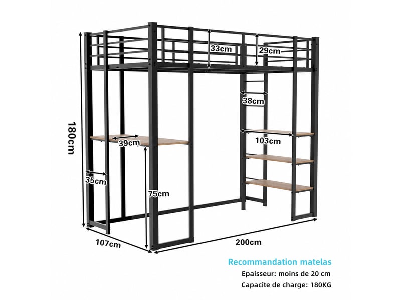  Lit mezzanine, lit simple en fer avec bureau, deux échelles et espace sous couchage 90x190 cm, matelas non précisé  - Conforama D