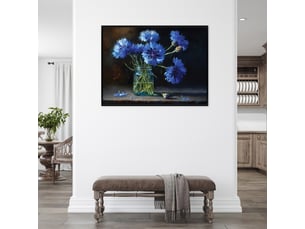 Tableau avec cadre impression sur toile fleurs dans un vase vintage bleu - 120x80 cm - tableau avec cadre chambre et salon