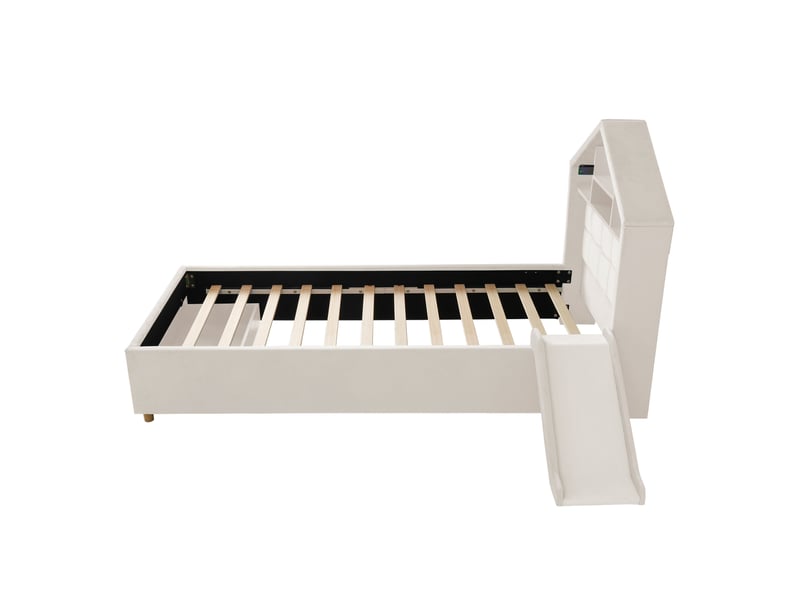 Lit enfant cabane 90x200 cm beige, toboggan réversible, led, usb et coffre - Conforama D