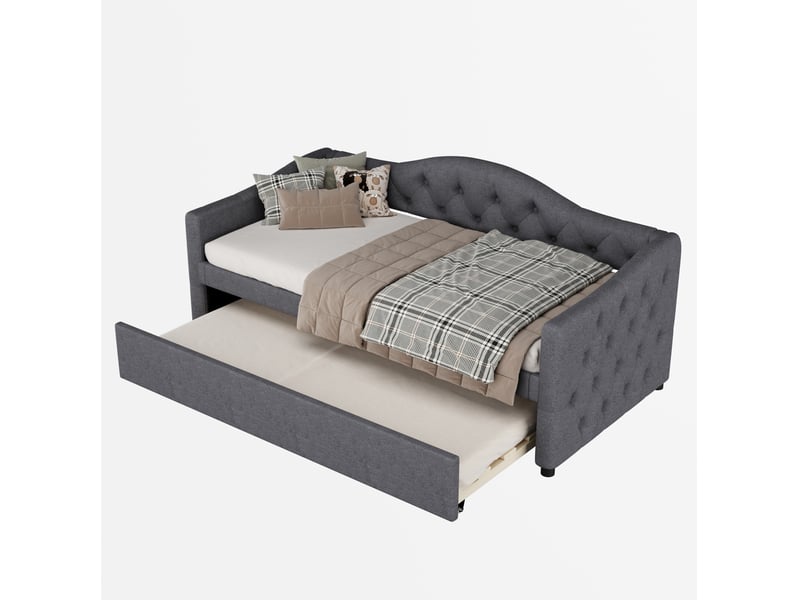  Lit gigogne, 90x200 cm, lit tiroir pensé pour libérer de l’espace, style minimaliste moderne, lin et mdf, coloris gris  - Conforama A