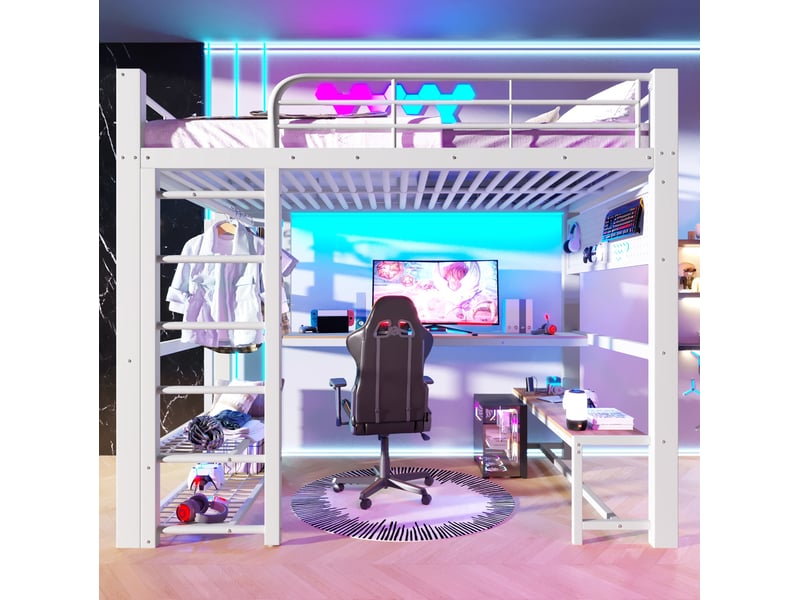  Lit mezzanine 140x200 cm avec bureau, led et rangements blanc  - Conforama B