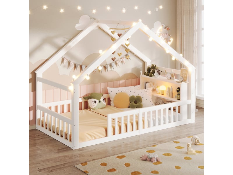  Lit enfant 90x190 cm avec éclairage led et rangements en bois blanc  - Conforama C
