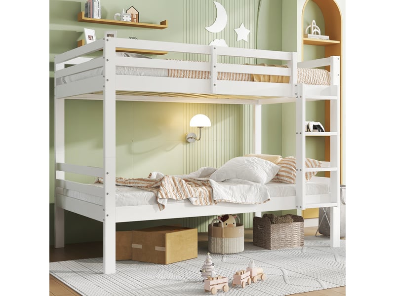  Lit superposé enfant 90 × 200 cm 2 places avec barrière et échelle, séparable, sans matelas, en pin, blanc  - Conforama C