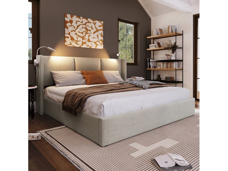  Lit double coffre 160x200 cm avec lampe de lecture et usb, lin, beige, sans matelas  - Conforama C