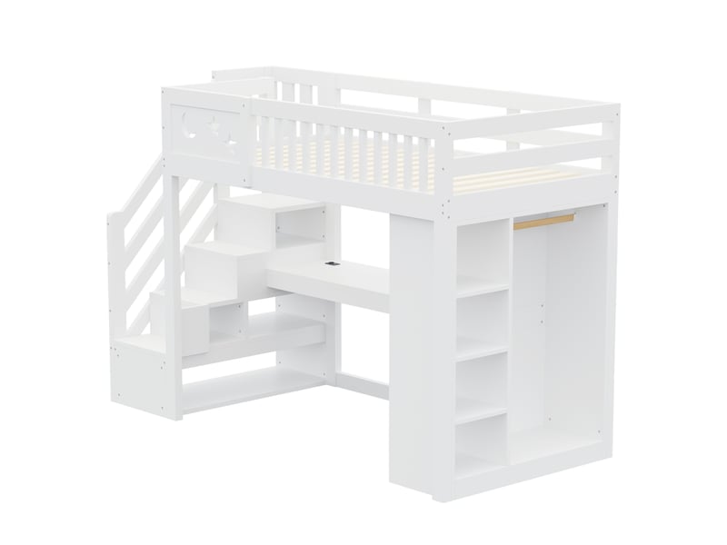 Lit mezzanine 90x200 cm - bureau avec led et prises - étagères et armoire - escalier avec rangement - lit simple - bois - blanc - Conforama W