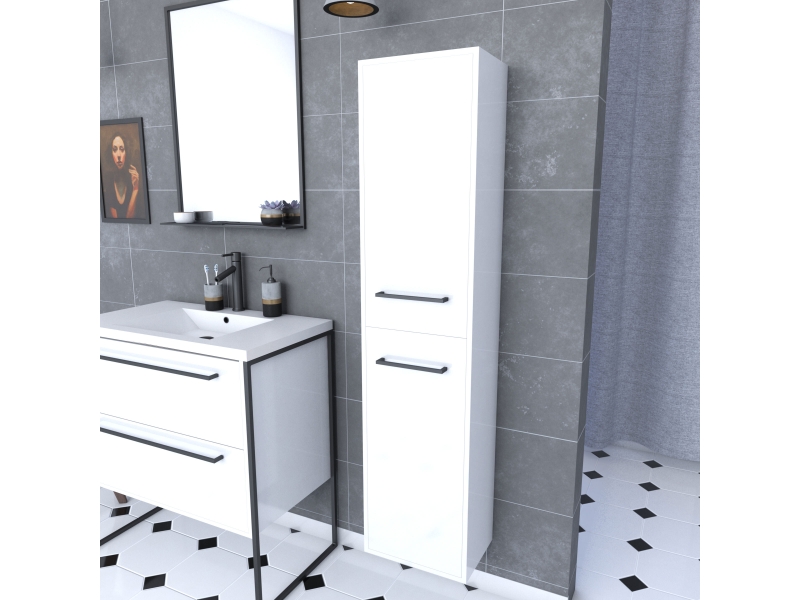  Colonne de salle de bain blanche 30x35x150 cm - 2 portes blanches poignees noir mat - structura p015  - Conforama B